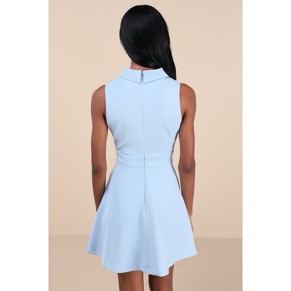 Lulus  Blue Pinstriped Collared Mini Dress With Pockets NWT Size L Large - Picture 4 of 11